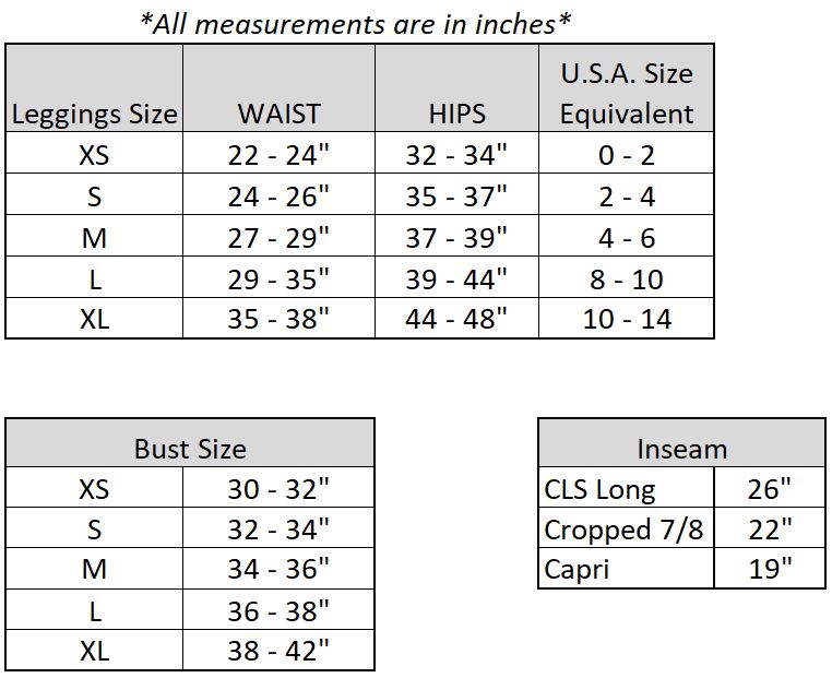 Yoga Pants Size Chart